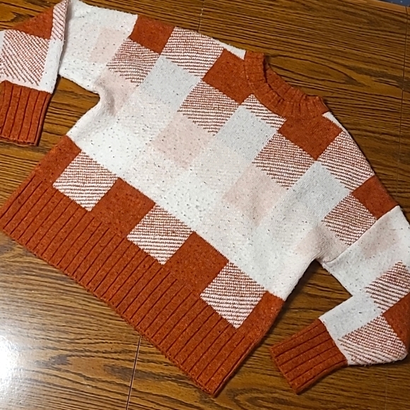 Burnt Orange Plaid Checkerboard Crewneck Sweater - Soft, Cozy, Fall - Picture 2 of 7